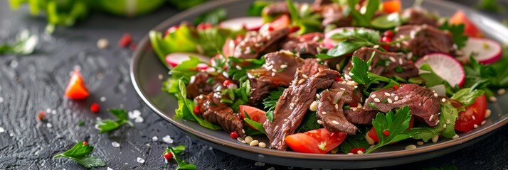 Beef Meat Salad with Radish, Greens and Sauce on Grey Plate Close Up, Simply and Healthy Recipe