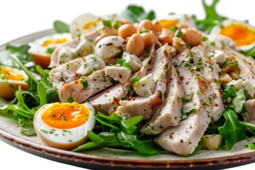 Chicken Mayonnaise Salad with Sliced Poultry Meat, Quail Eggs, Greens, Olivier Salat with Sliced Meat
