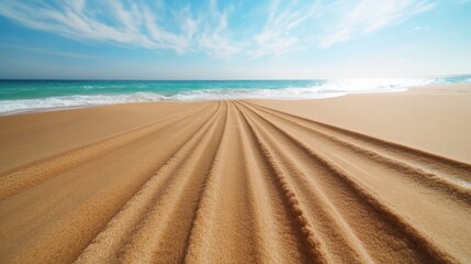 Naklejka premium Sunny beach scene with tire tracks leading toward a distant horizon, capturing the essence of freedom and infinite exploration under bright blue skies and rolling waves.