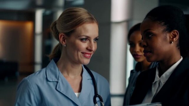 young pharmaceutical sales rep conversing with doctor or intense discussion in modern medical environment