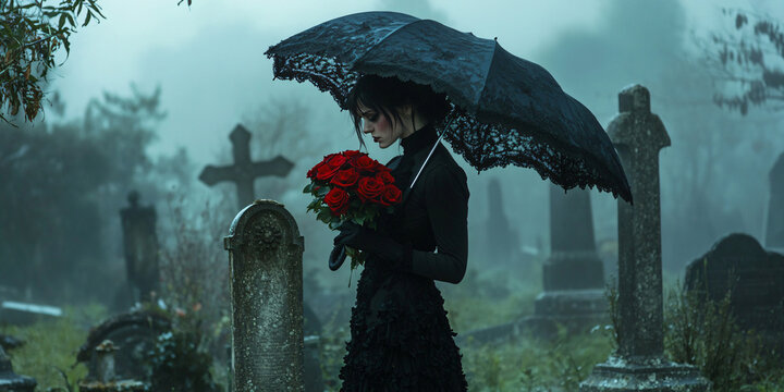 Gothic girl in black dress stands under umbrella against foggy cemetery background. Banner template dark mystical gothic style, memory of the dead.