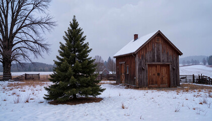 Snowy rural scene with wooden barn and pine tree
