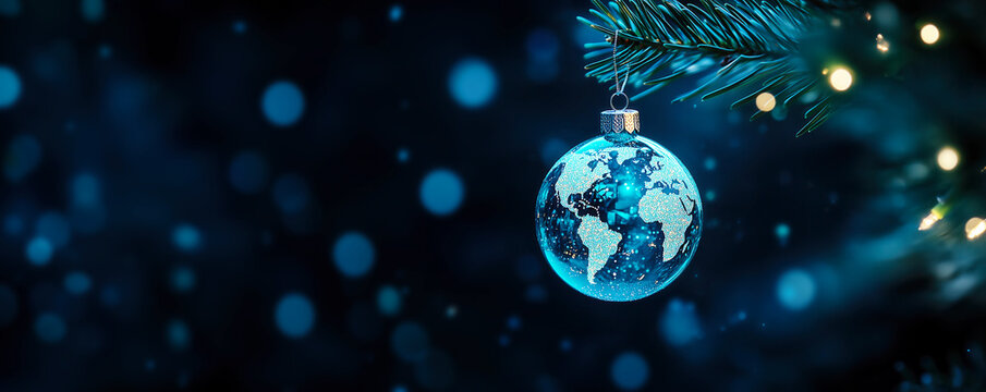 Christmas World Map Globe Ornament Ball in Blue Colors Banner with Copy Space