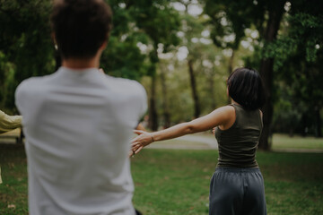 A group of students engages in a fitness class led by an instructor outdoors. The park setting provides a refreshing backdrop for learning and exercise, emphasizing teamwork and outdoor activity.