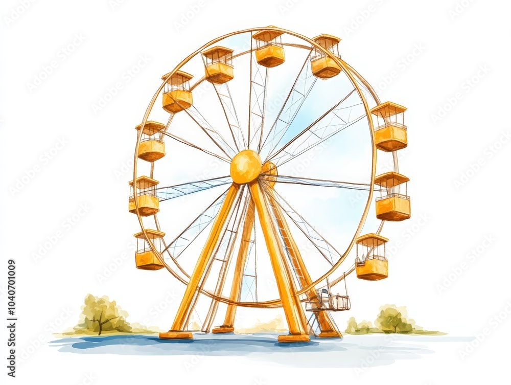 Wall mural Colorful ferris wheel with yellow cabins on a white isolated background.