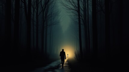 Fototapeta premium A lone figure walking through a dark forest, holding a lantern that emits a bright golden light.