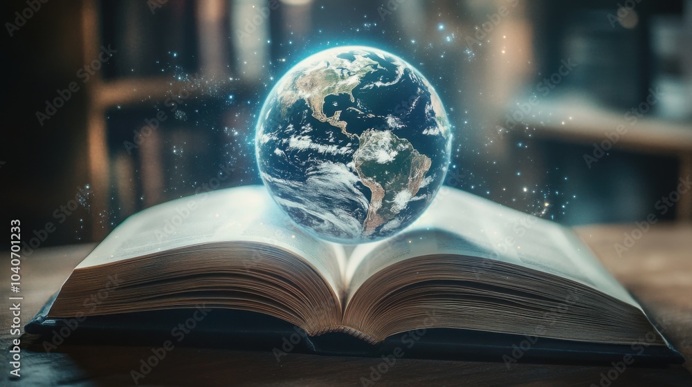Poster world emerging from within an open book, symbolizing knowledge and discovery, education scene