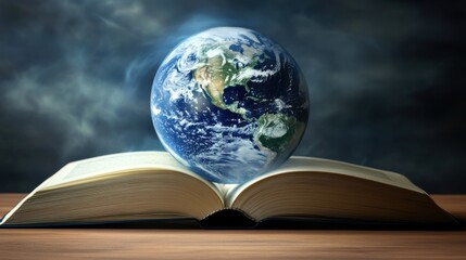 World emerging from within an open book, symbolizing knowledge and discovery, Education scene
