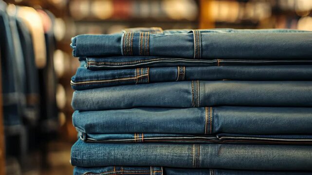 A stack of blue jeans sits on a shelf in a clothing store