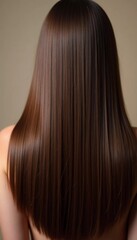 Naklejka premium Smooth, straight brown hair flows elegantly down back, highlighting its healthy shine and uniform color, illuminated by soft lighting, creating striking look. Hair care, the effect of cosmetics. AI