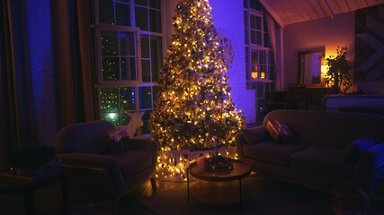 Brightly lit christmas tree is radiating warmth and cheer in a cozy living room, creating a magical ambiance for the holiday season