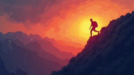 A powerful image of a person climbing a steep mountain, with the sun rising behind them in vibrant shades of orange and yellow.