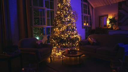 Cozy living room decorated for christmas, with a glowing tree and warm purple lights, creating a festive and inviting atmosphere perfect for the holiday season