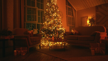 Decorated christmas tree illuminating a cozy living room at night, with wrapped gifts placed around the room, creating a warm and festive atmosphere