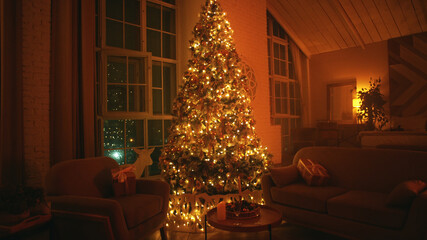 Decorated christmas tree is illuminating a cozy living room with wrapped gifts on armchairs, creating a warm and festive atmosphere
