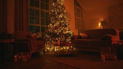 Decorated christmas tree is illuminating a cozy living room with wrapped gifts by the sofa and armchair, creating a warm holiday ambiance