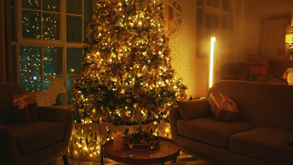 Festively decorated christmas tree illuminating a cozy living room with wrapped gifts placed on armchairs, creating a warm and inviting atmosphere