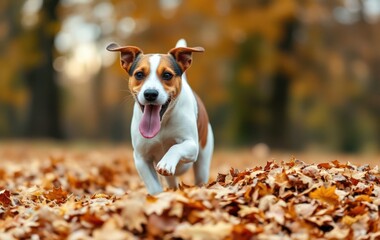 Jack Russell Terrier Bounding Through Leaves