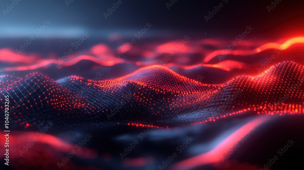 Aufkleber digital landscape of red wave network on dark background. futuristic and technology concept for desi