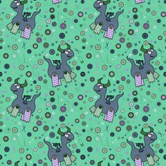 Cartoon toys animals dinosaur seamless dragon and sewing equipment pattern