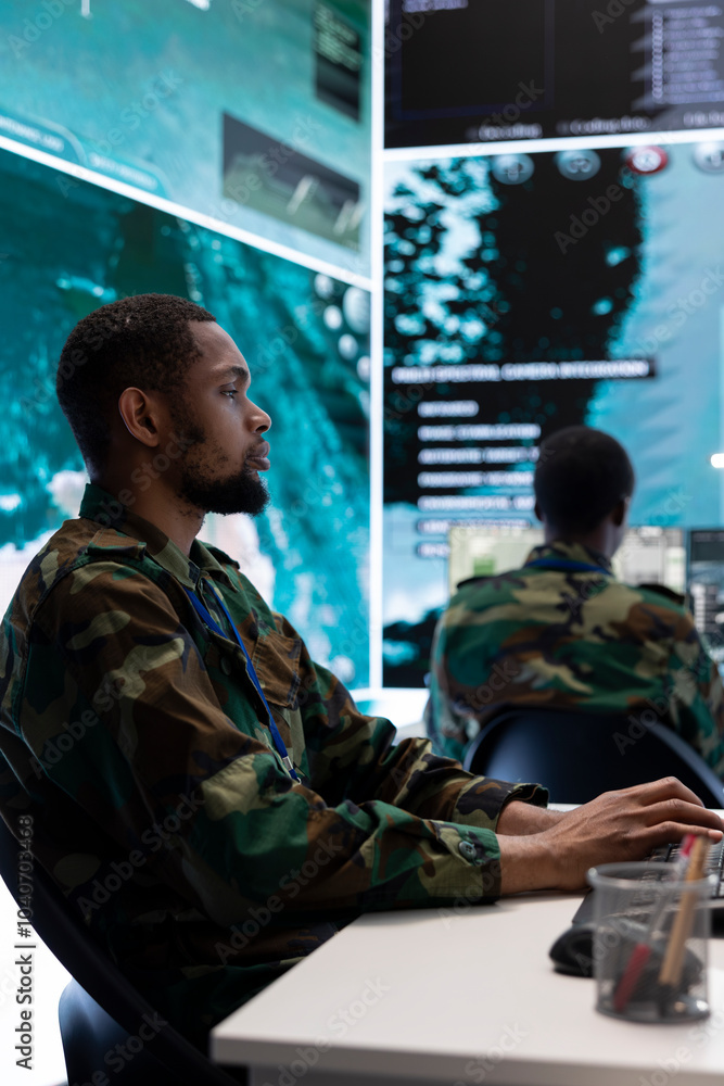 Poster army intelligence specialists utilize advanced computer systems, surveillance technology and satelli