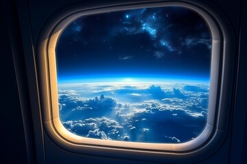 View of Earth from an airplane window showcasing clouds and blue sky during daylight