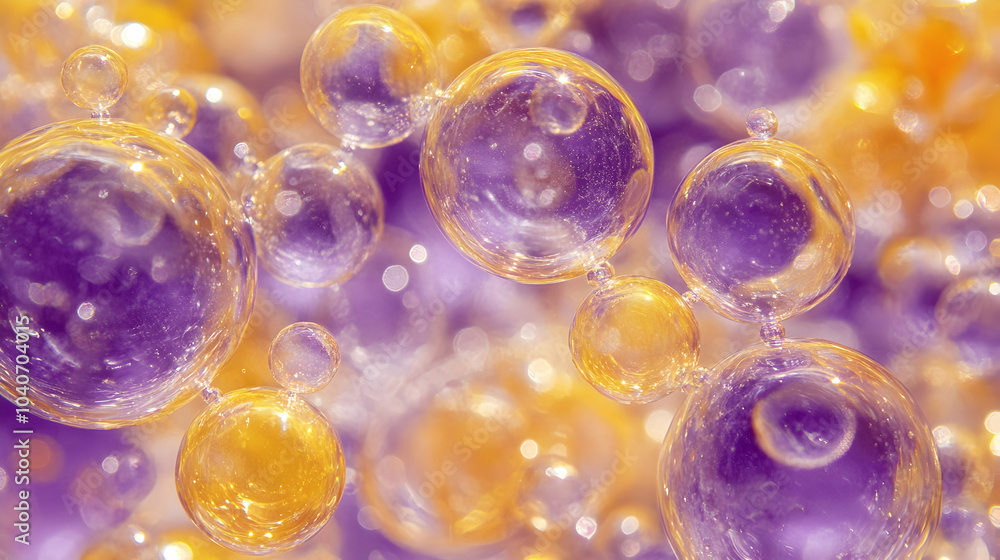 Poster purple and yellow soap bubbles creating an abstract design -