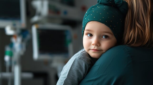 Young child with cancer embracing mother in hospital. Health care and support concept.
