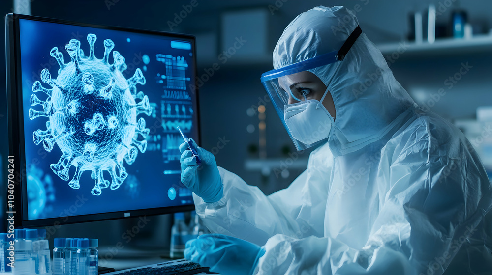 Poster scientist analyzing samples while illustrating a virus on a monitor -