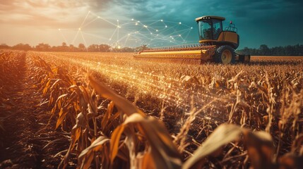 AI-driven agricultural machine harvesting corn with laser precision and real-time analytics
