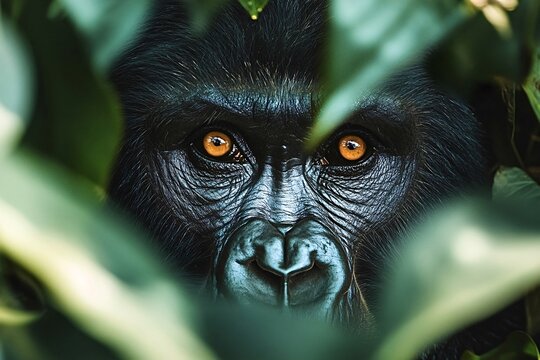 Majestic silverback gorilla is staring intensely through dense jungle foliage, its amber eyes captivating and powerful