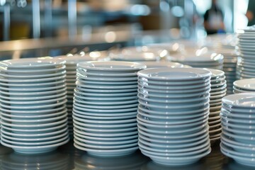 Stacks of Clean Plates at Hotel Breakfast Buffet, White Plates
