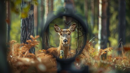 In the serene forest, a deer gazes back through the lens of a scope, surrounded by autumn foliage; the scene captures the intersection of nature and a hunter's perspective.