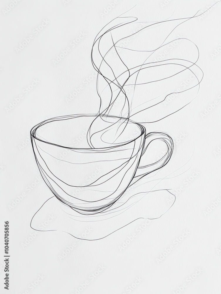 Poster a tea cup is illustrated with a continuous line while steam softly rises above, capturing a moment o