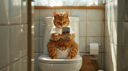 A humorous image of an orange cat wearing a shirt while seated on a toilet, holding a smartphone with a focused expression, capturing a blend of humor and relaxation.