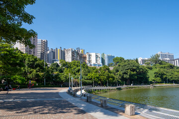 A walkway along the edge of a large urban lake with high-rise residential buildings in the...
