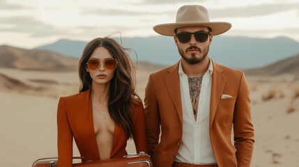 Stylish couple posing in desert landscape under soft sunlight, showcasing fashion and confidence in warm-toned outfits