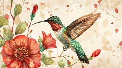 A vibrant hummingbird hovers near blooming red flowers, showcasing intricate feathers in a soft, artistic design. Delicate leaves complete this serene composition.
