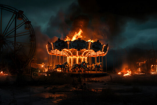 Amusement park on fire at night, with classic carousel of horses burning with flames up its roof next to an abandoned ferris wheel. The scene evokes a haunting atmosphere of decadence and destruction.