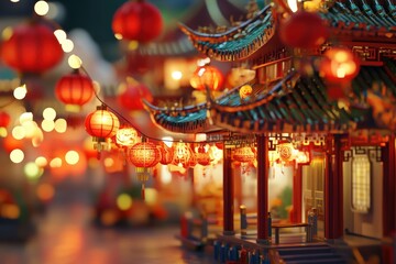 Obraz premium 3D rendering of a miniature Chinese temple adorned with red lanterns during a nighttime festival