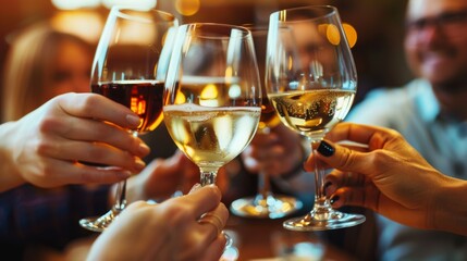 A group of people raises their wine glasses in a toast, celebrating together in a warm, inviting, and casual setting, embodying joy, unity, and friendship.