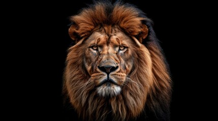 Fototapeta premium A captivating portrait of a majestic lion with a powerful gaze and a flowing mane, exuding strength and elegance against a dark, dramatic background.