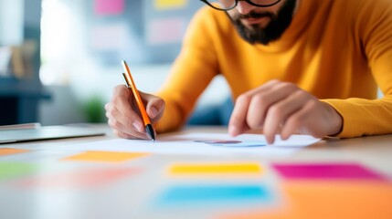 Startup founder planning branding strategies with designers, visualizing business identity