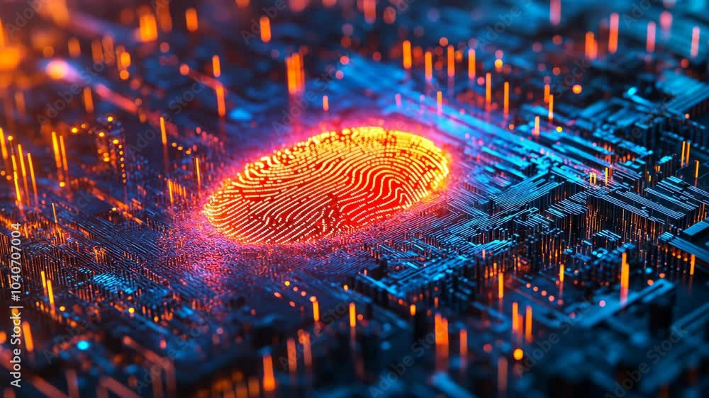Poster a glowing fingerprint sits on top of a circuit board, representing the connection between technology