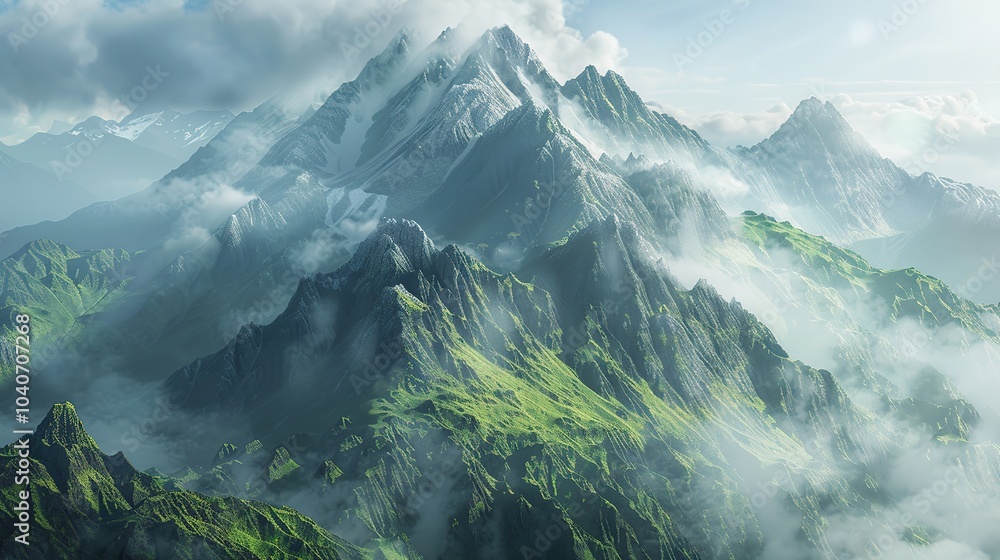 Poster a mountain range where the peaks seem to float above the ground, surrounded by mist
