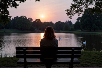 Fototapeta premium A young woman on a bench on the shore of a picturesque lake at sunset. The sun is reflected in the lake water surface. Swans swim on the lake. AI generative.