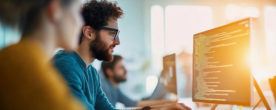 Startup founder reviewing code and discussing software development with engineers