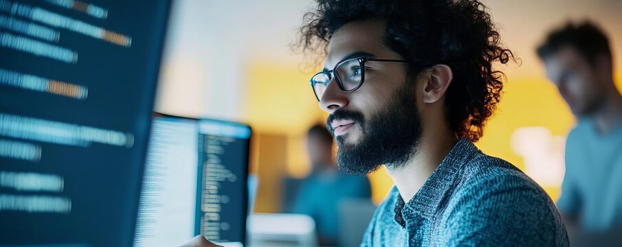 Startup founder reviewing code and discussing software development with engineers