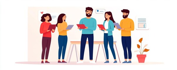 Startup founder reviewing social media marketing strategies with a team, preparing for launch