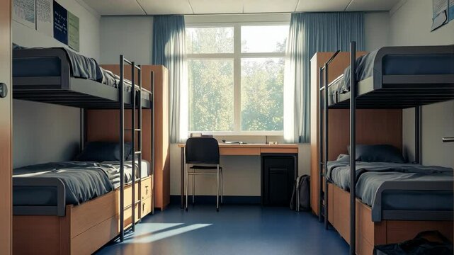 A dorm room with two sets of bunk beds, a desk, and a window overlooking trees, bathed in the afternoon sun